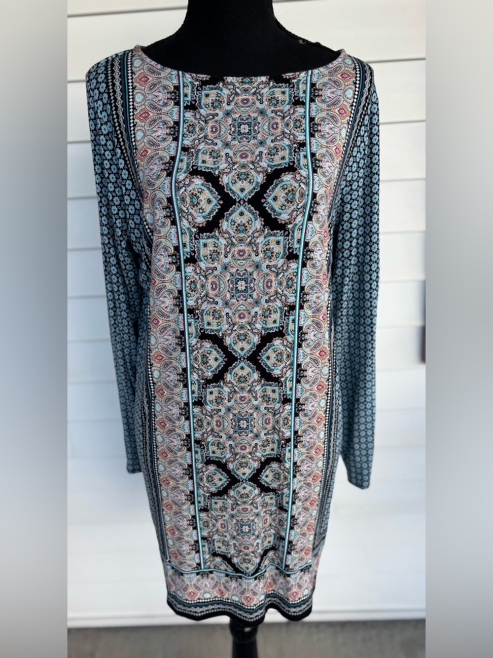 J. Jill Long Sleeve Mosaic Paisley Print Shift Dress Tunic Large Tall